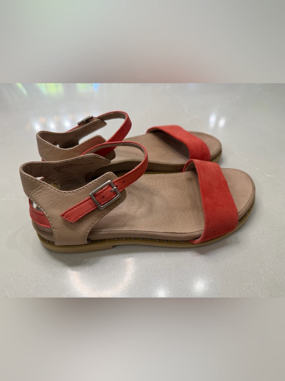 Earth Grove Cameo Coral and Tan Suede Ankle-Strap Sandals, Size 7